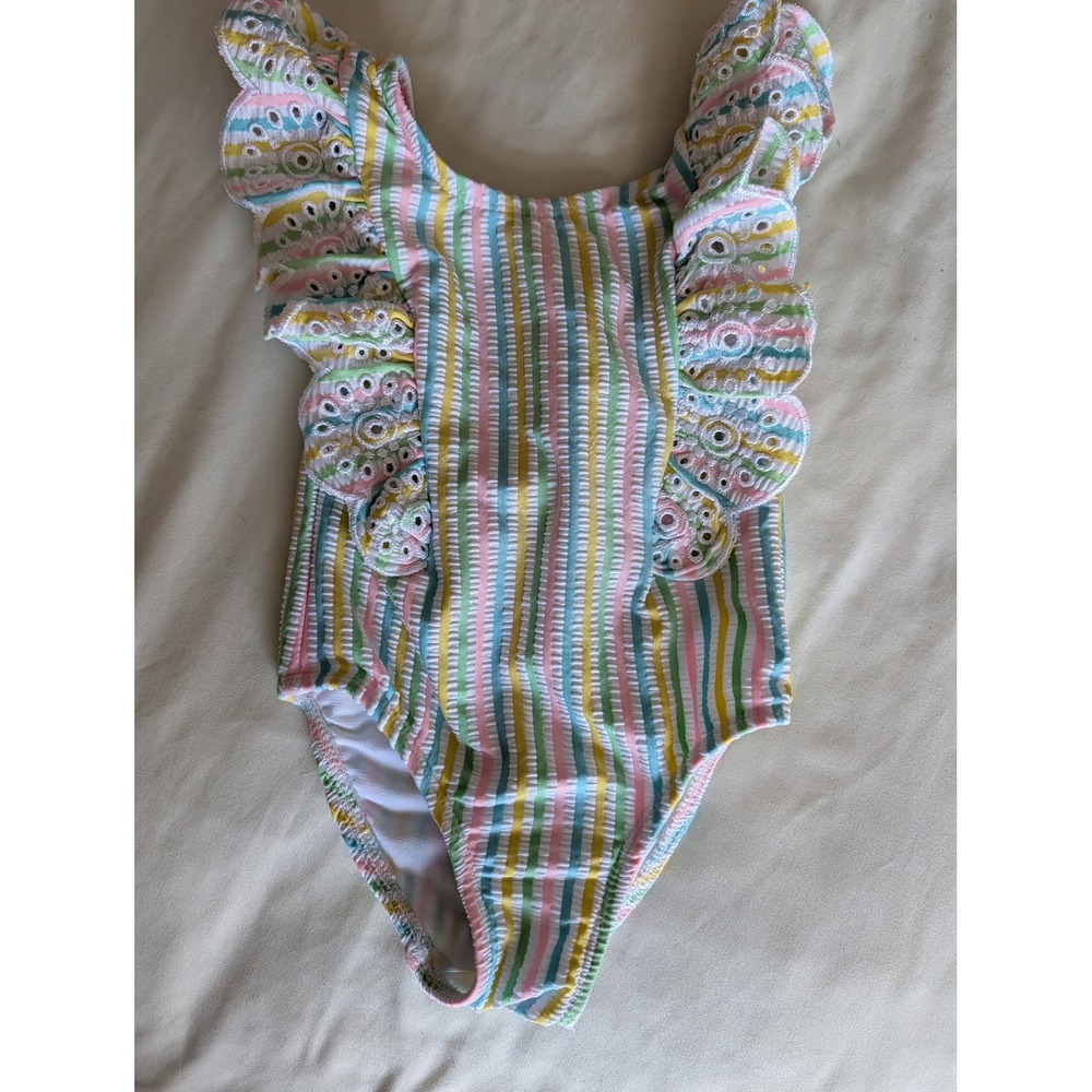 Little Me Girls 2T Pastel‎ Rainbow Striped Seersucker Eyelet Ruffle Swimsuit Bow